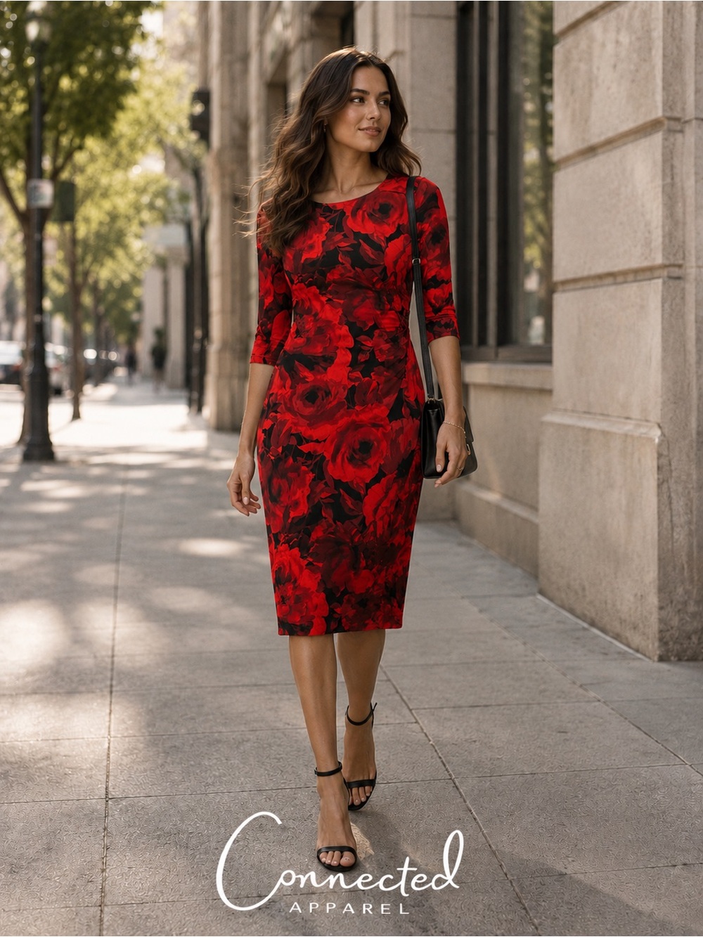 Connected Apparel Red & Black Floral Midi Dress